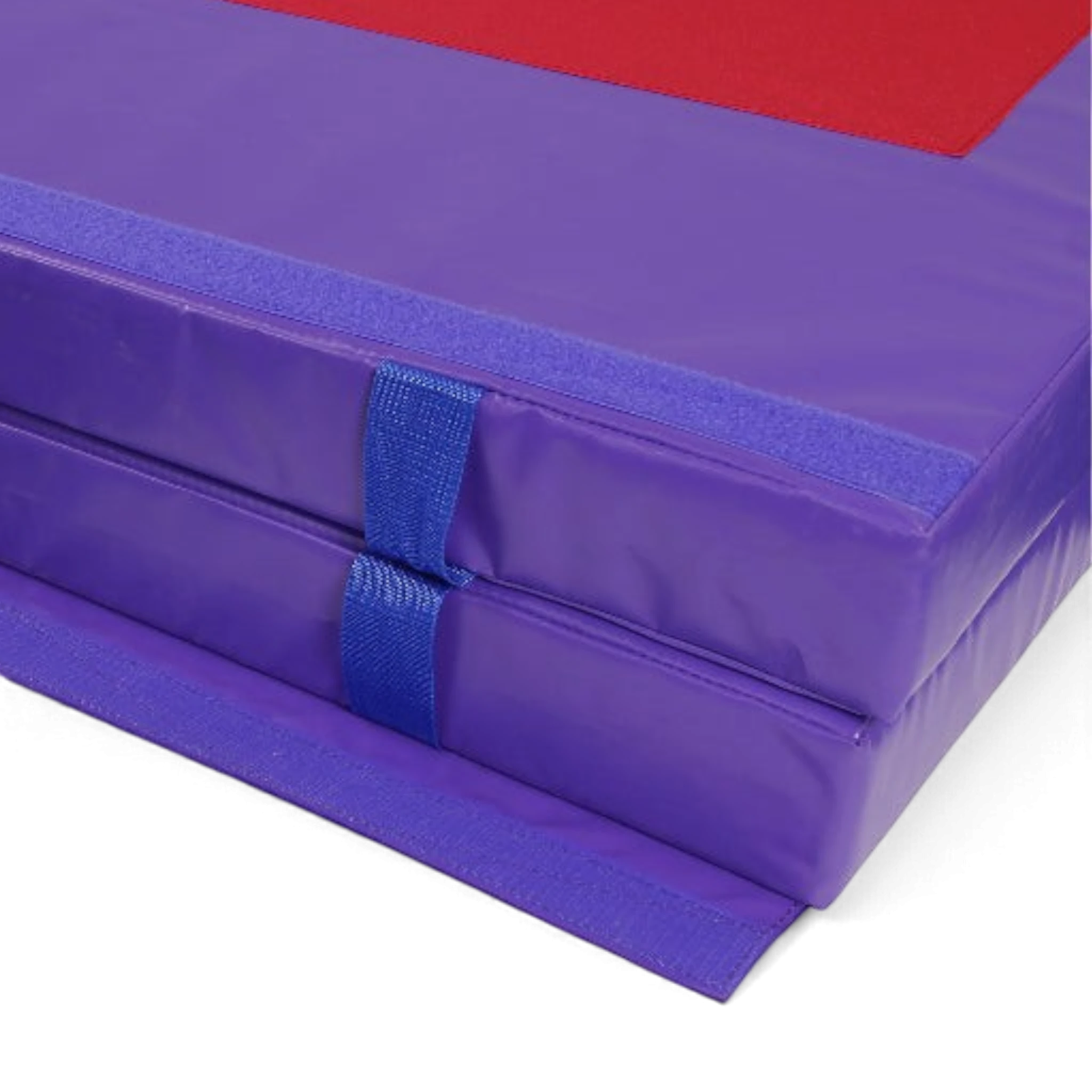 UK Gym Pits purple folding gymnastics tumbling mat with red panel and blue velcro straps for secure training