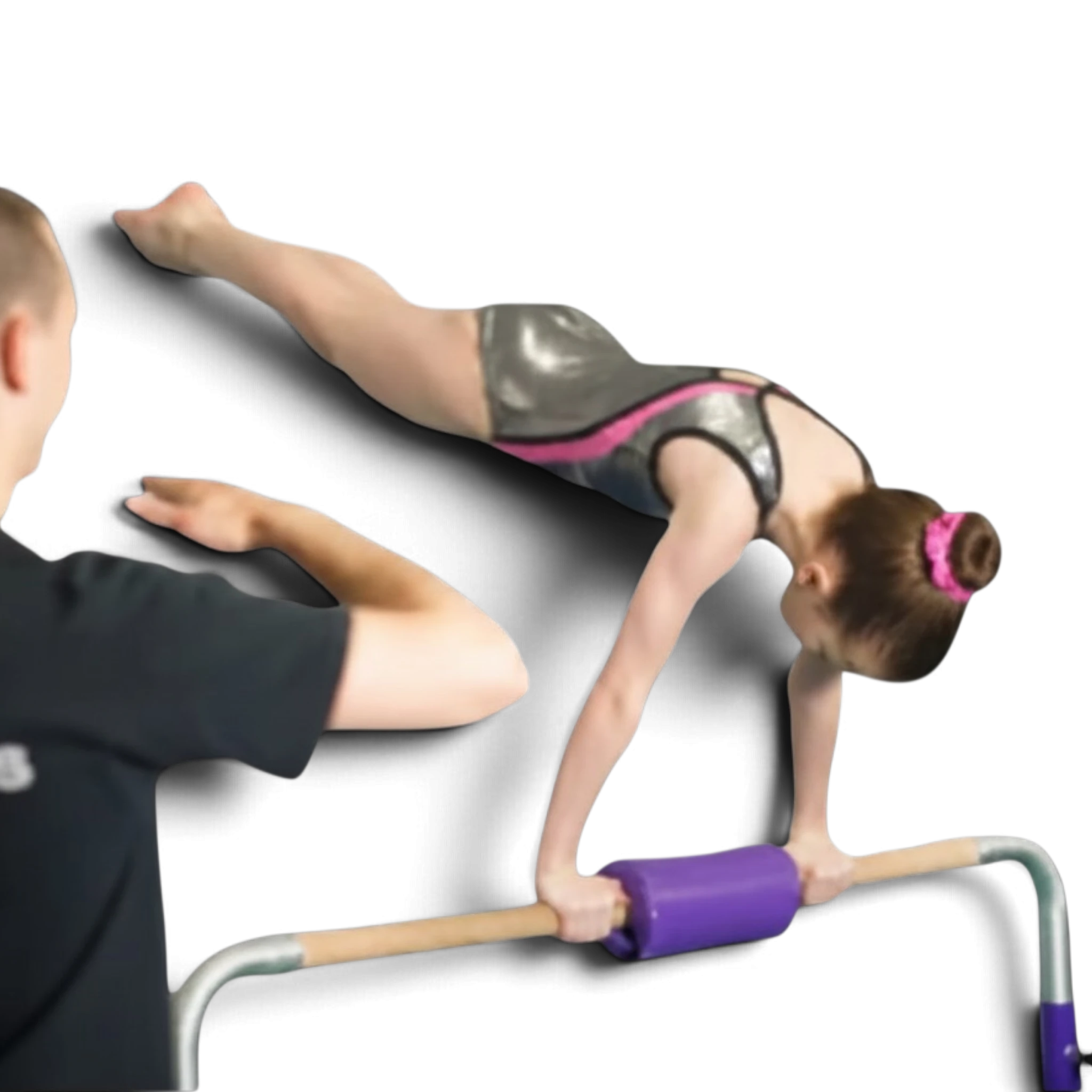 UK Gym Pits purple vinyl bar pad on a gymnastics training bar with a young athlete practicing skills