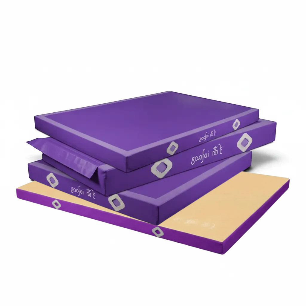 UK Gym Pits Gaofei purple gymnastics landing mats stacked, featuring durable PVC vinyl and secure Velcro locking flaps.