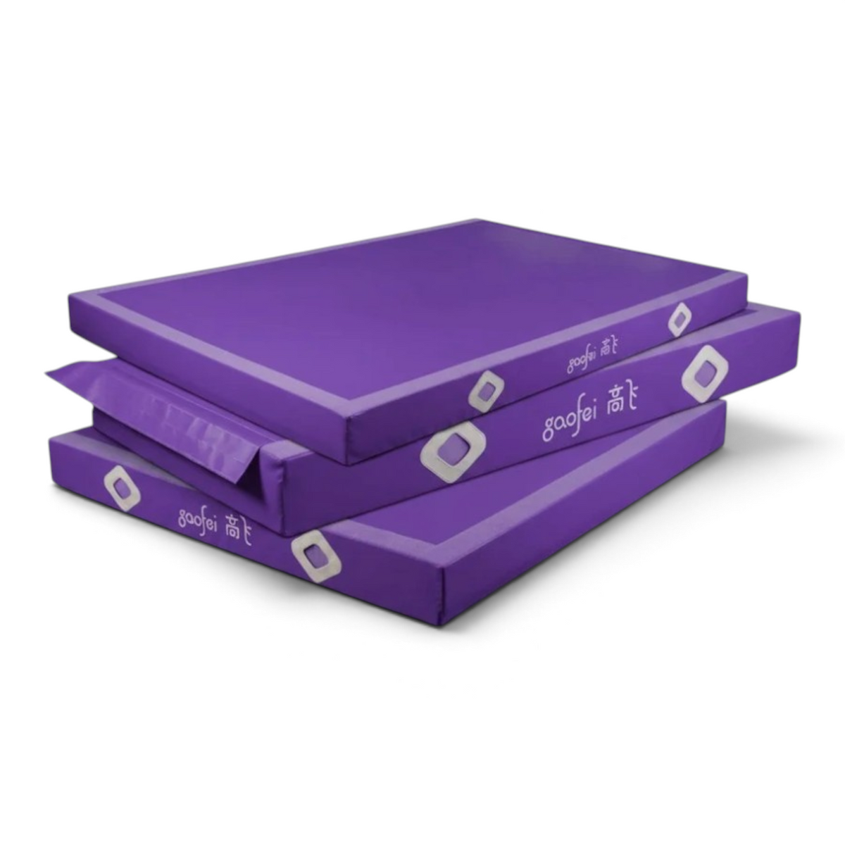 UK Gym Pits Gaofei purple gymnastics landing mats with durable PVC vinyl covers and reinforced corners.