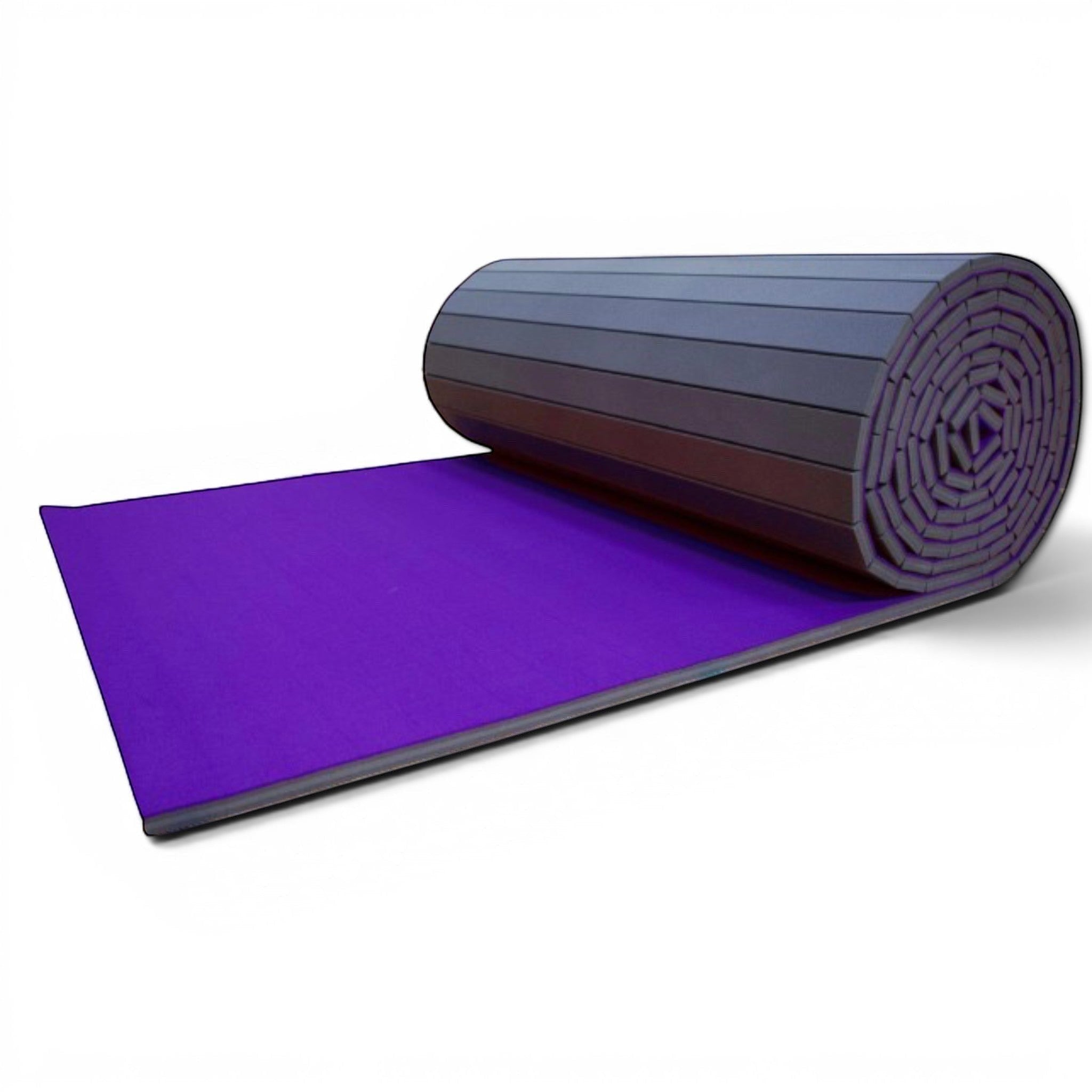 UK Gym Pits purple carpet mat roll for gymnastics sprung floors, showing durable foam backing and rolled design.