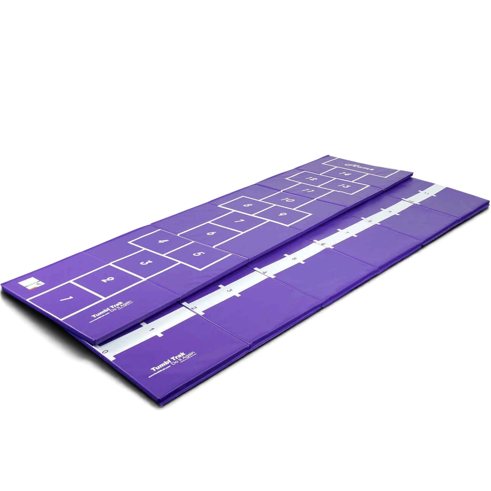UK Gym Pits purple hopscotch mat with numbered squares and a white beam training stripe on the reverse side