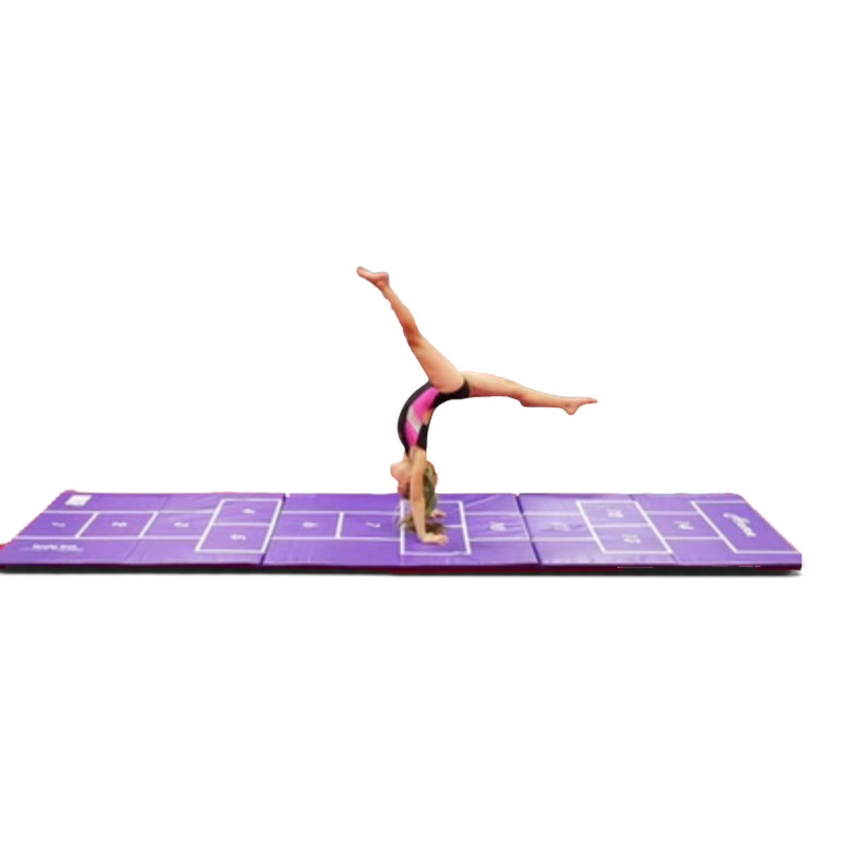 UK Gym Pits purple hopscotch tumbling mat with a young gymnast performing a handstand on the durable vinyl surface.