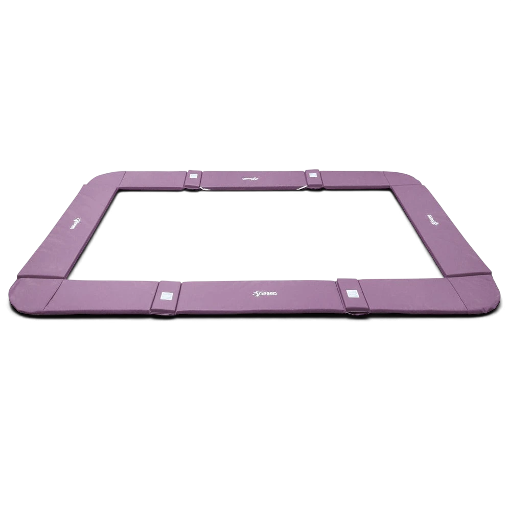 UK Gym Pits purple foam and PVC coverall frame pads for a junior trampoline with elasticated attachment straps.