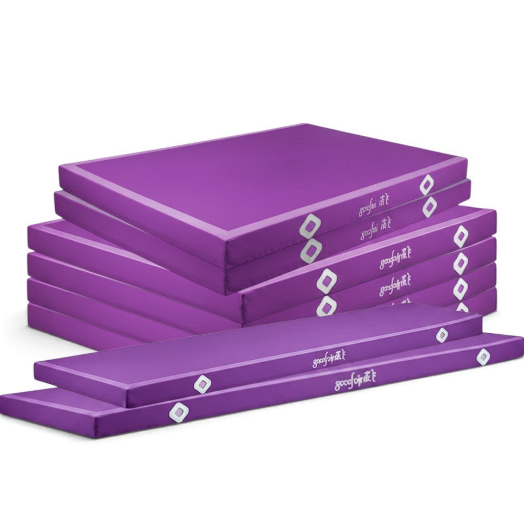 UK Gym Pits purple parallel bars landing mats stacked in a set of eight with durable PVC vinyl and air mesh windows.