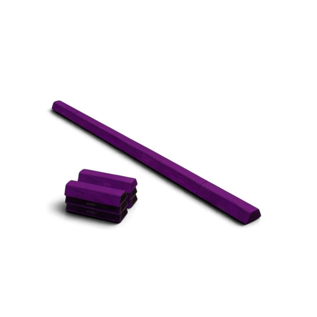UK Gym Pits purple segmented PE foam floor beam for gymnastics practice with anti-slip base and Velcro connectors.
