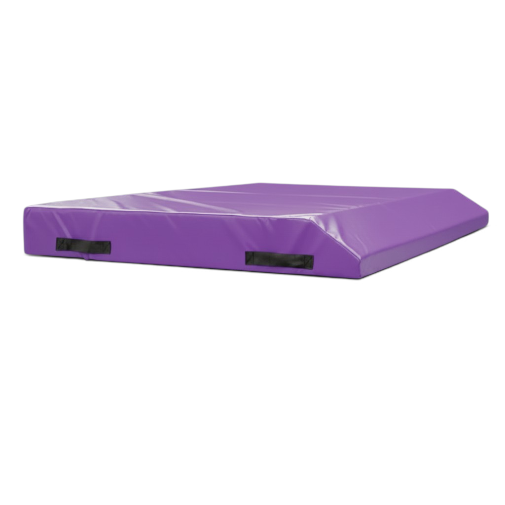UK Gym Pits purple single wedge trampoline spotting end deck mat with black handles and reinforced PVC cover.