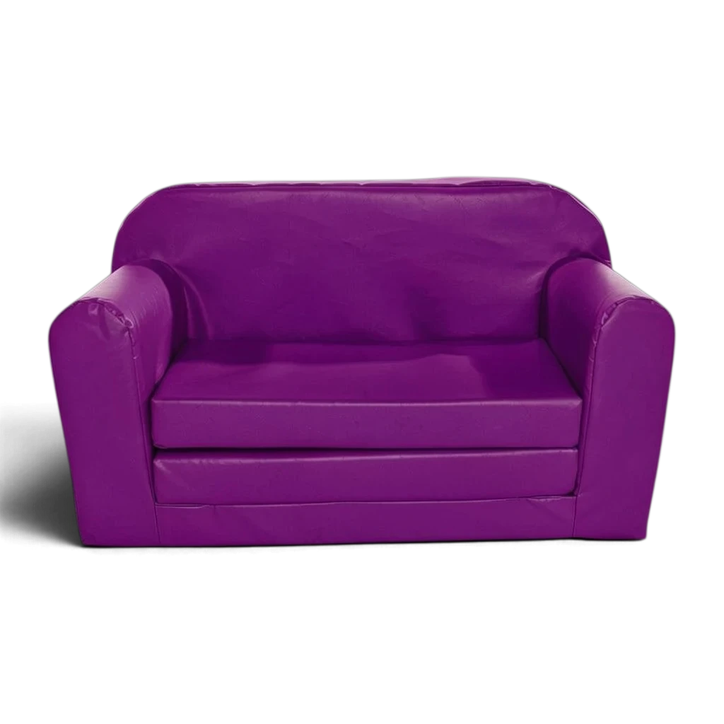 UK Gym Pits purple soft play sofa bed made from durable, easy-to-clean PVC fabric for children.