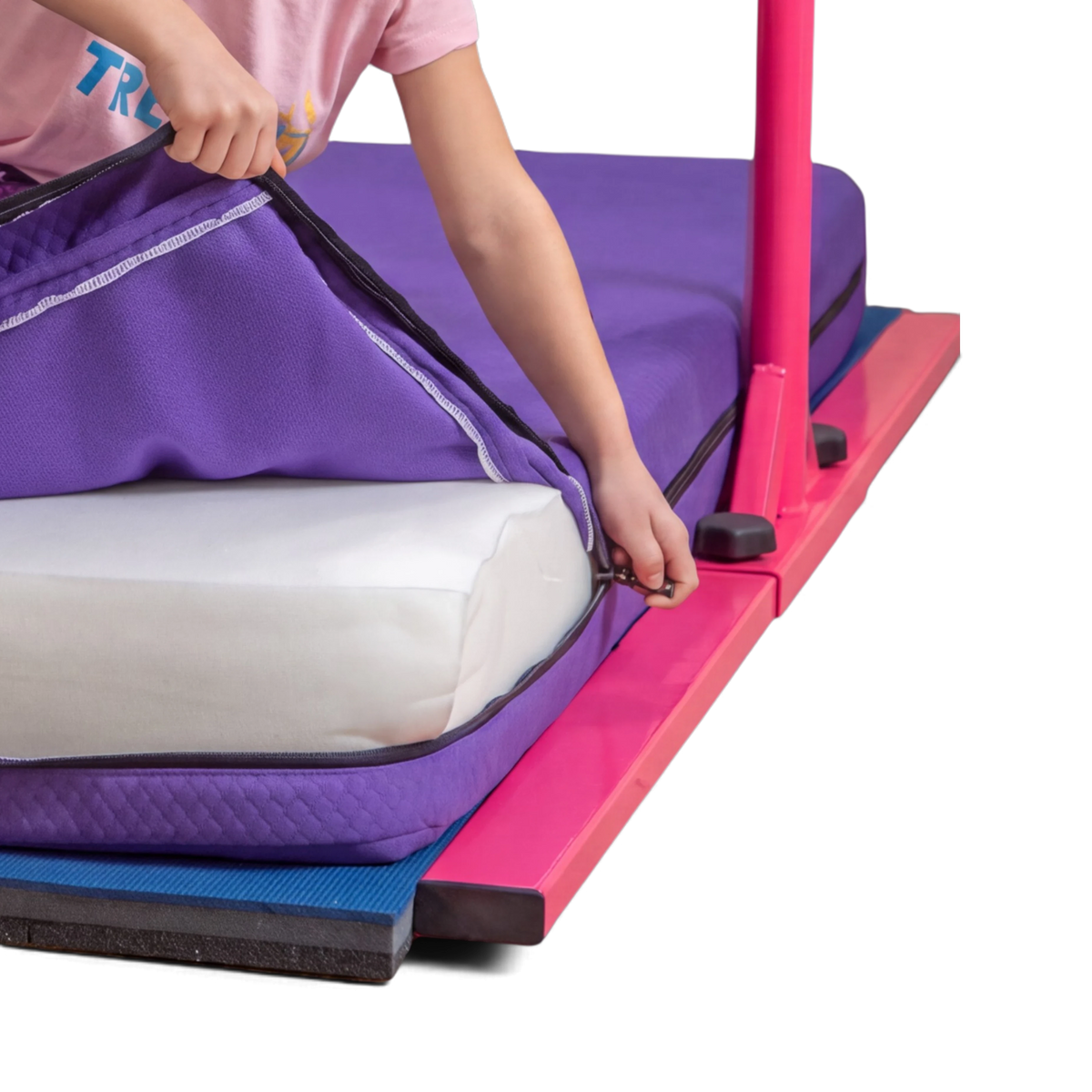 UK Gym Pits purple soft practice mat with a removable quilted nylon cover being zipped open to reveal white foam
