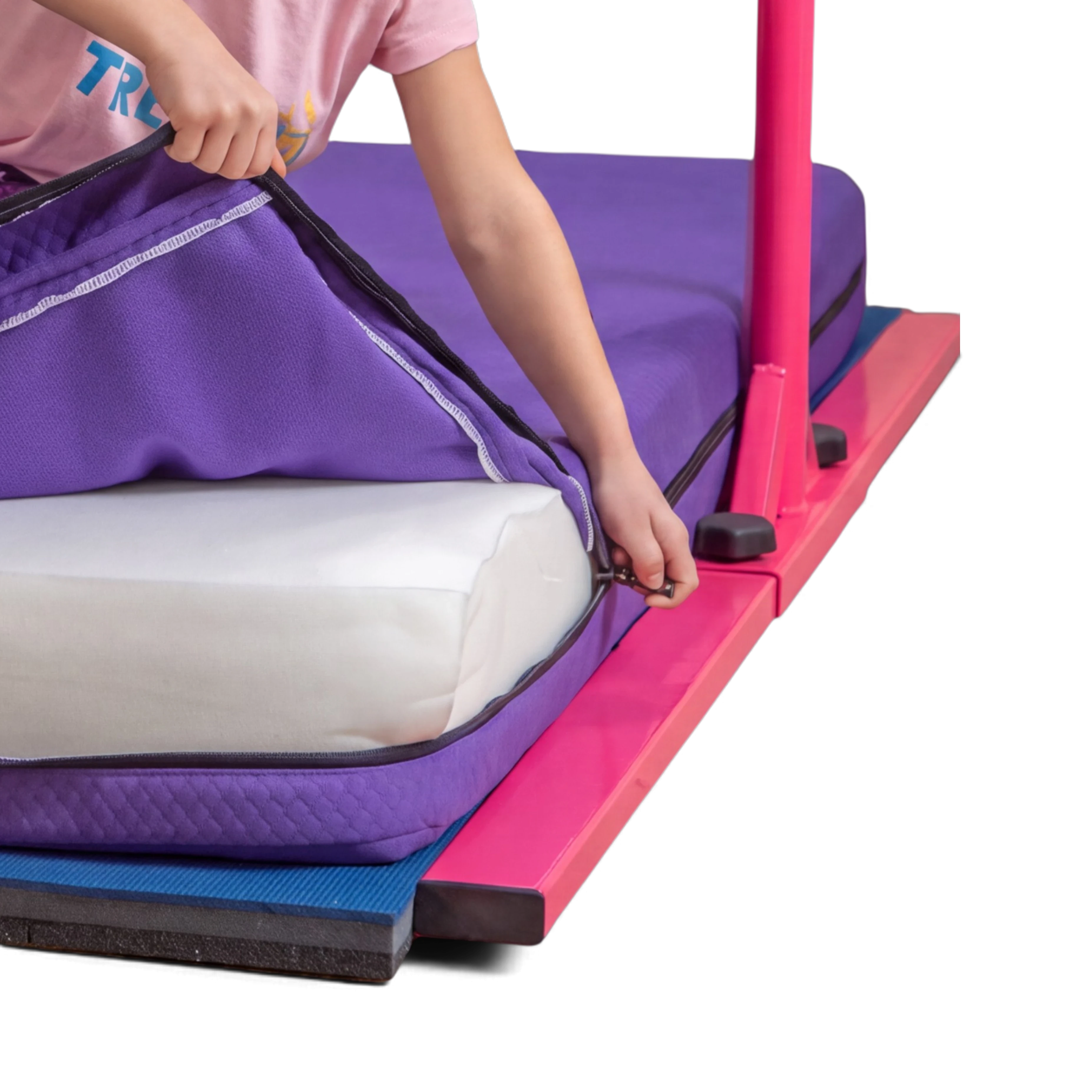 UK Gym Pits purple soft practice mat with a removable quilted nylon cover being zipped open to reveal white foam