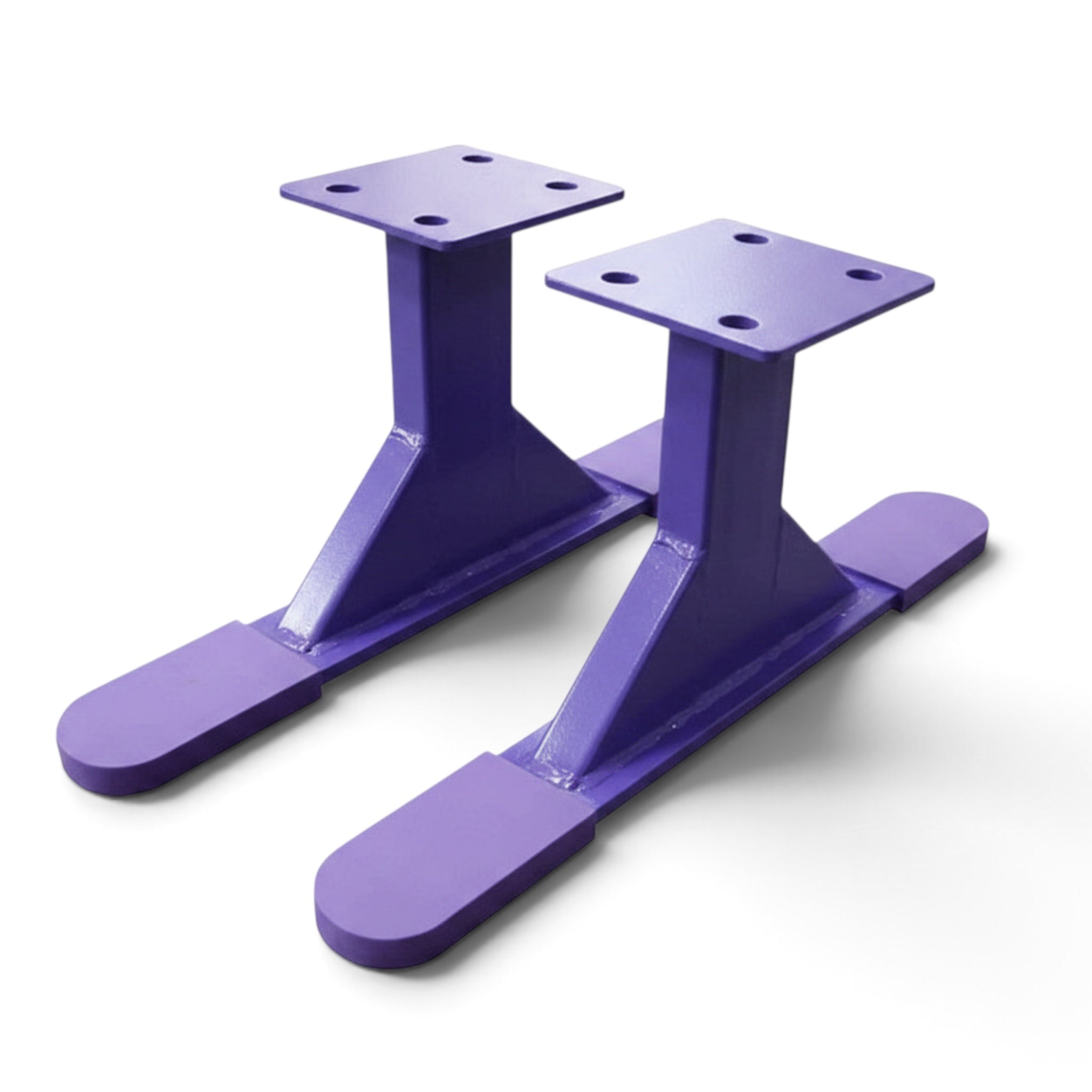 UK Gym Pits Addie Beam Riser Legs in purple steel with rubber-coated feet for gym equipment stability.