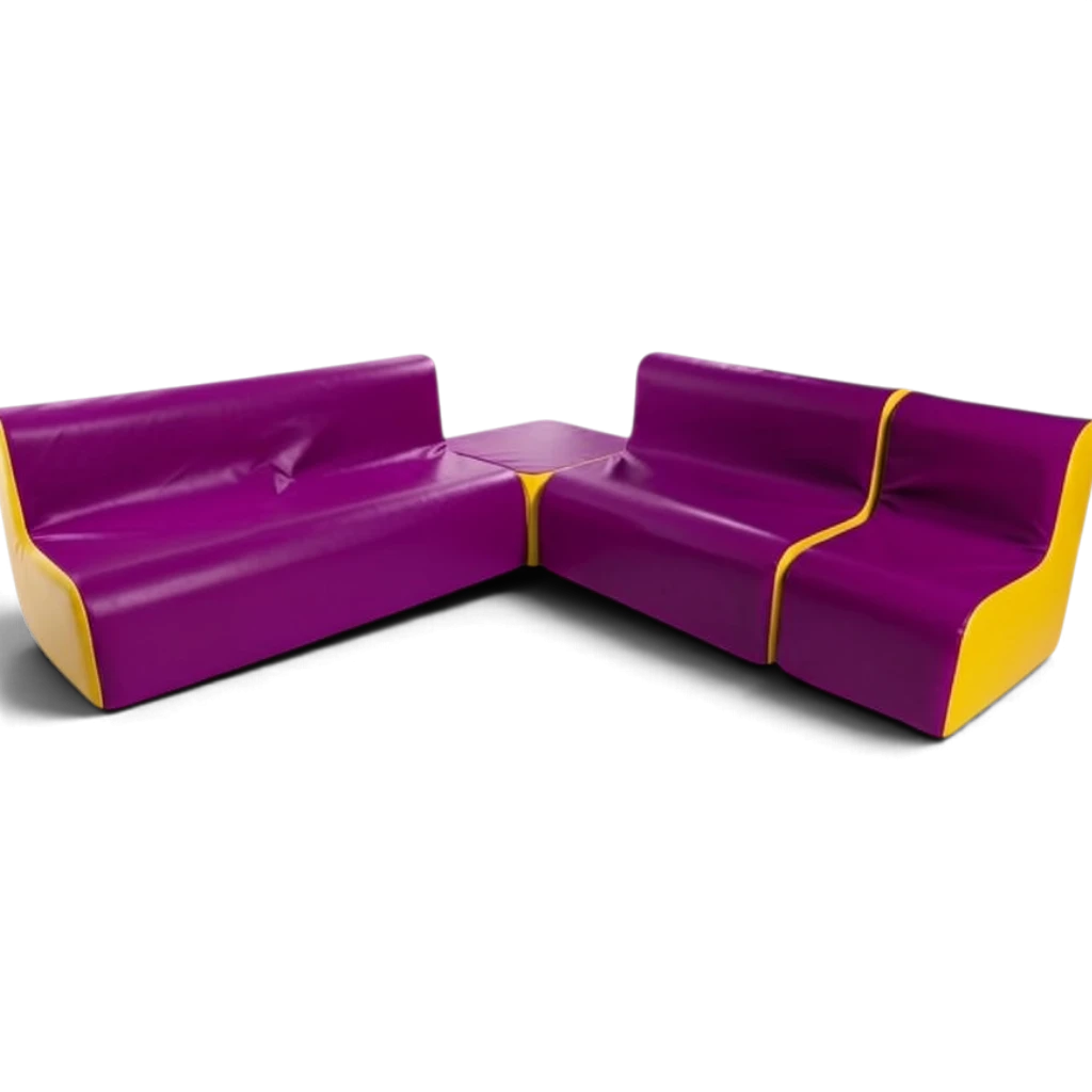 UK Gym Pits purple and yellow vinyl corner soft play furniture set for children in a nursery or school setting.
