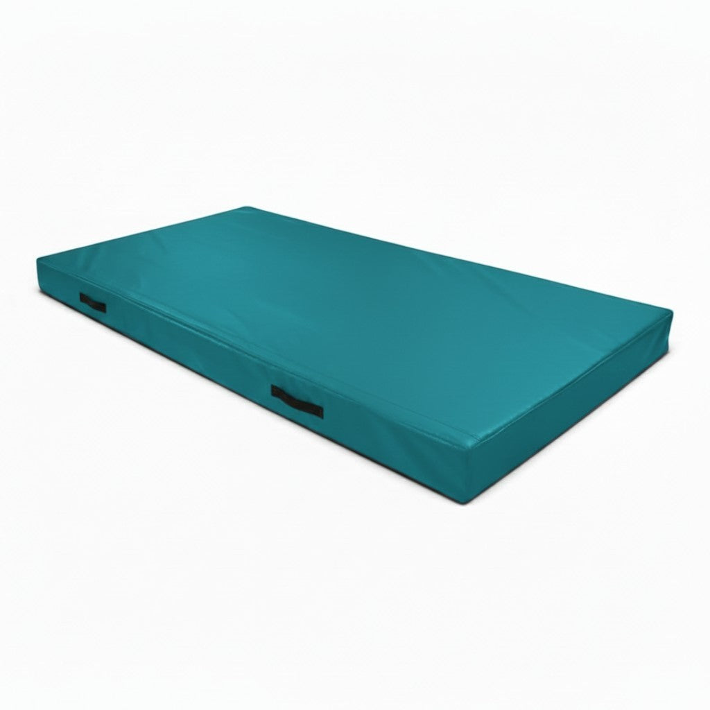 UK Gym Pits teal push-on safety mat with reinforced PVC cover and side carry handles for trampoline landing support