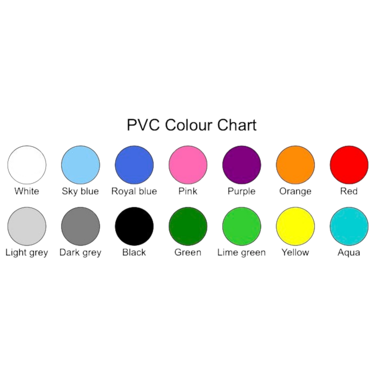 UK Gym Pits PVC colour chart showing 14 available colour swatches for parkour landing mats and gym equipment.