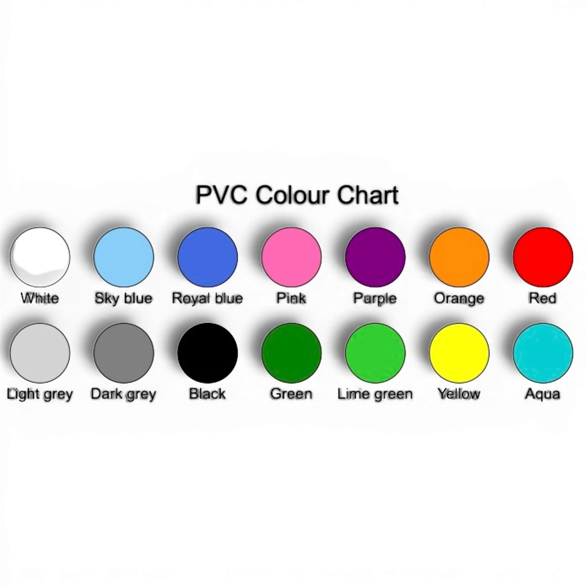 UK Gym Pits PVC colour chart showing 14 vibrant options for trampoline surround matting including blue, red, and green