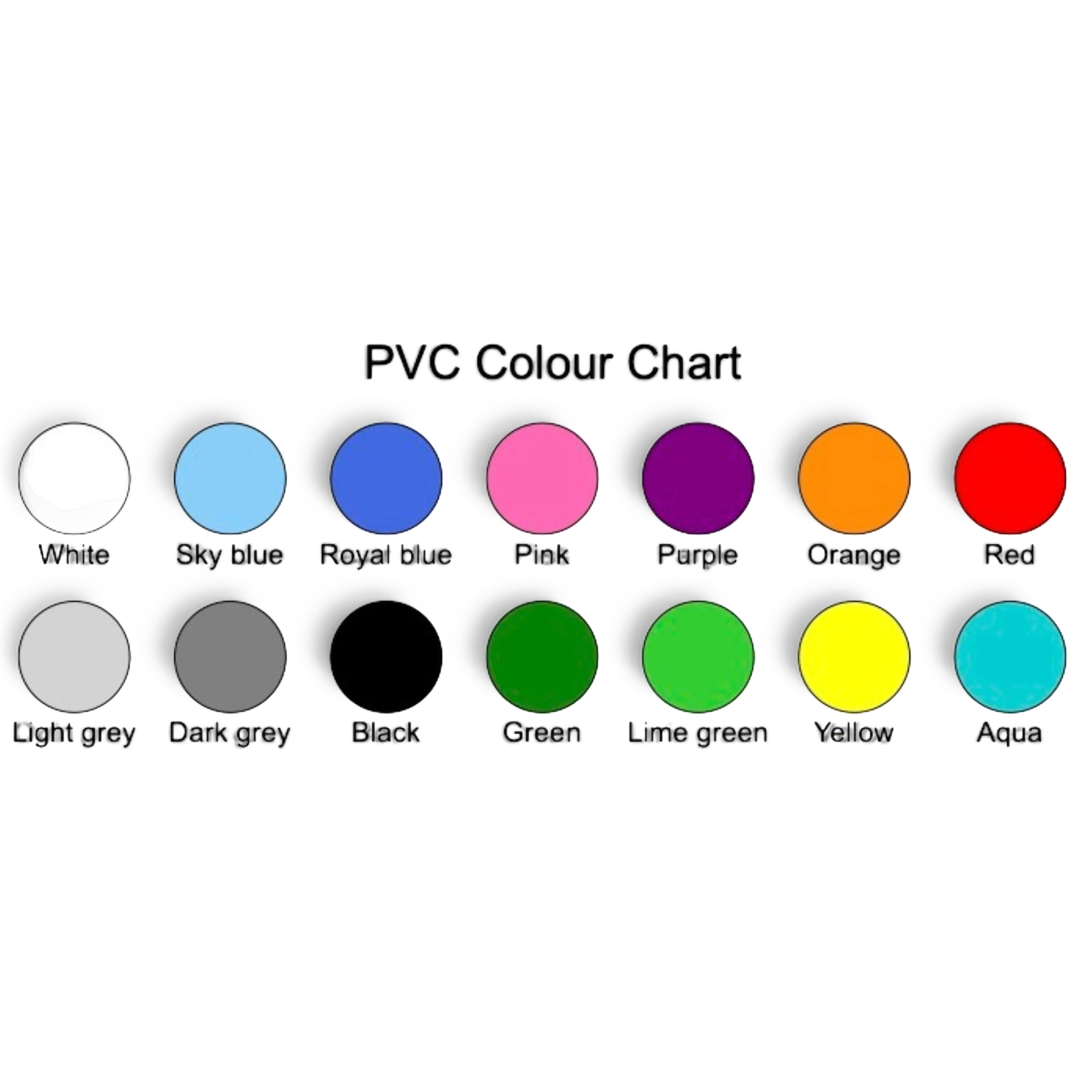 UK Gym Pits PVC colour chart showing 14 vibrant options for trampoline surround matting including blue, red and green.