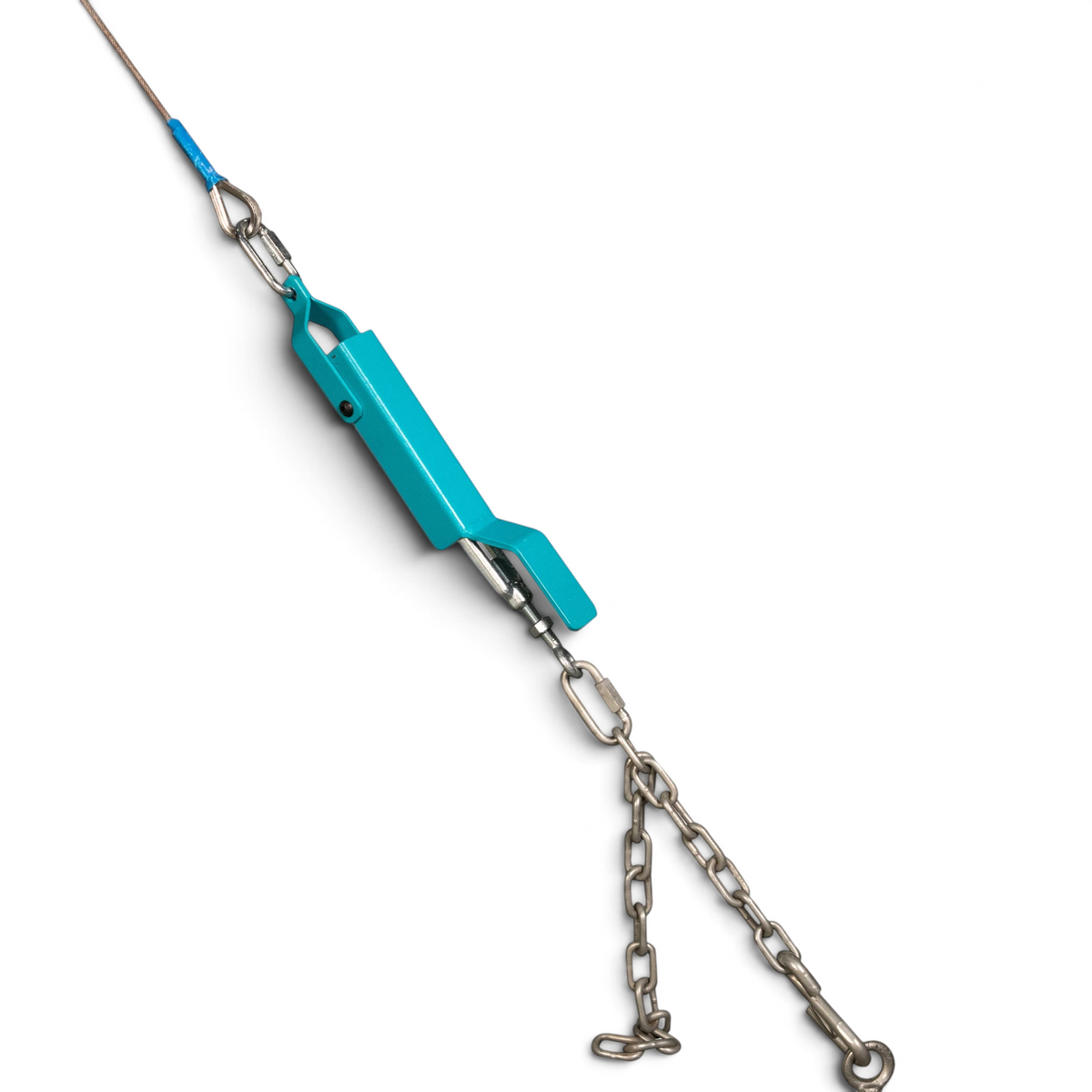 UK Gym Pits quick release chain tension system for high bars with blue metal lever and steel cabling