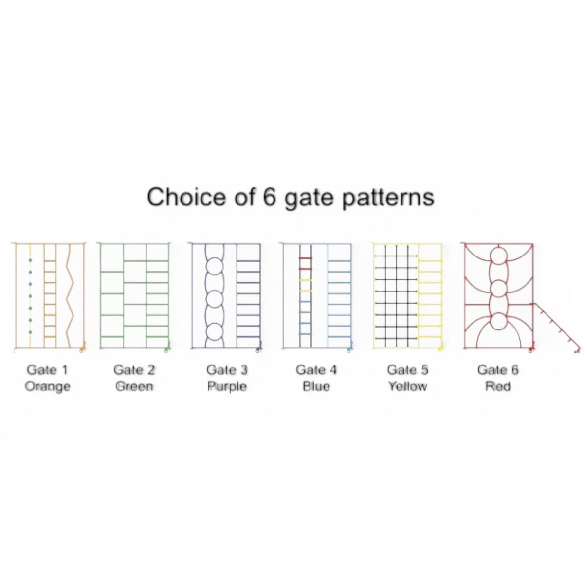 UK Gym Pits rainbow climbing frame showing six different colourful gate design patterns for school gymnastics.