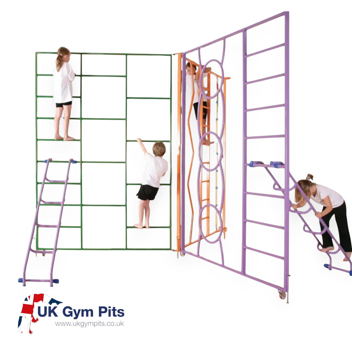 UK Gym Pits rainbow climbing frame with children climbing on multi-colored steel ladder sections in a school gym
