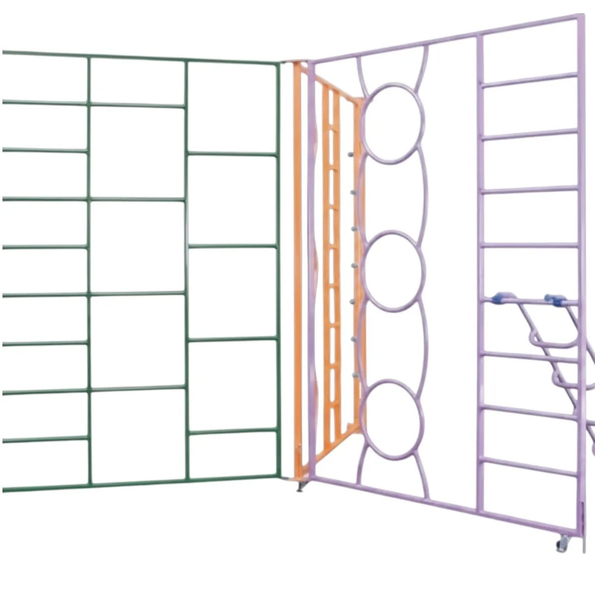 UK Gym Pits rainbow climbing frame with colourful steel gates in green, orange, and purple for school gymnastics.