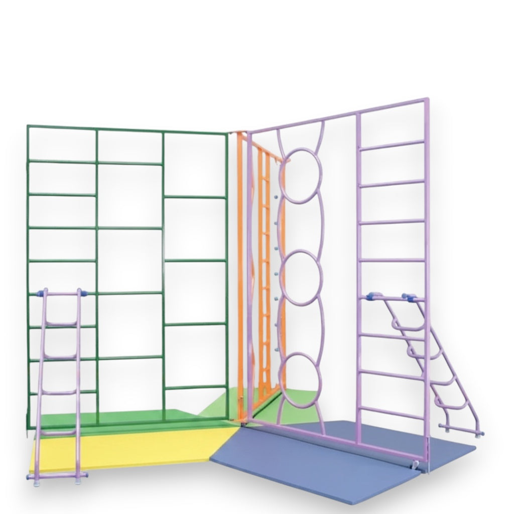 UK Gym Pits rainbow climbing frame with multi-coloured steel gates, ladders, and safety mats for school gymnastics.
