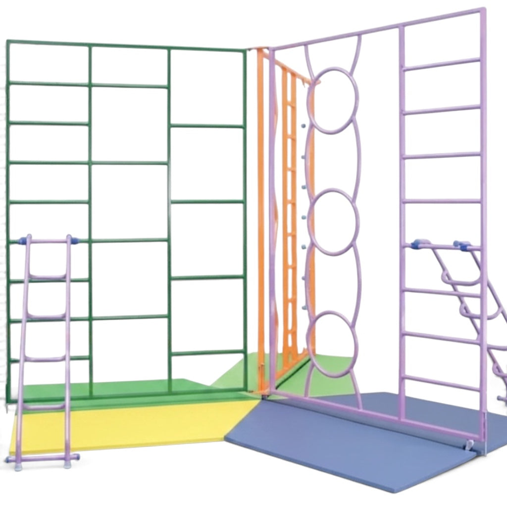 UK Gym Pits rainbow climbing frame with steel ladders and colourful gates for school gymnastics and physical activity