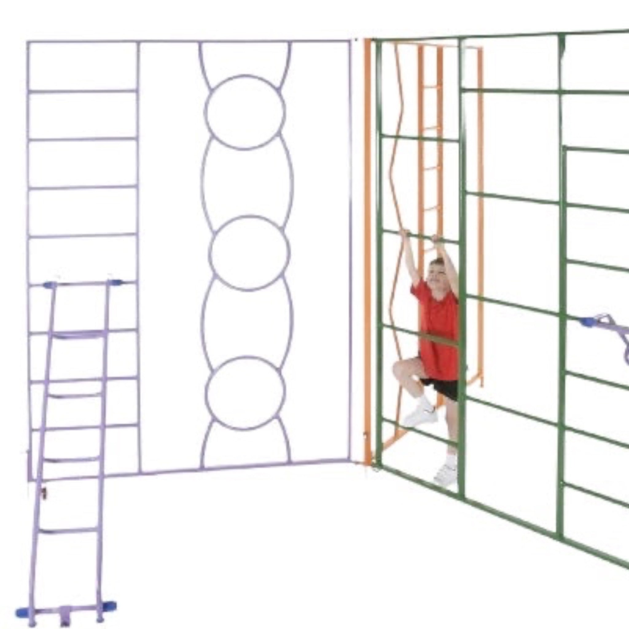 Child climbing on a UK Gym Pits rainbow climbing frame with steel ladder attachments in a T-shape configuration.