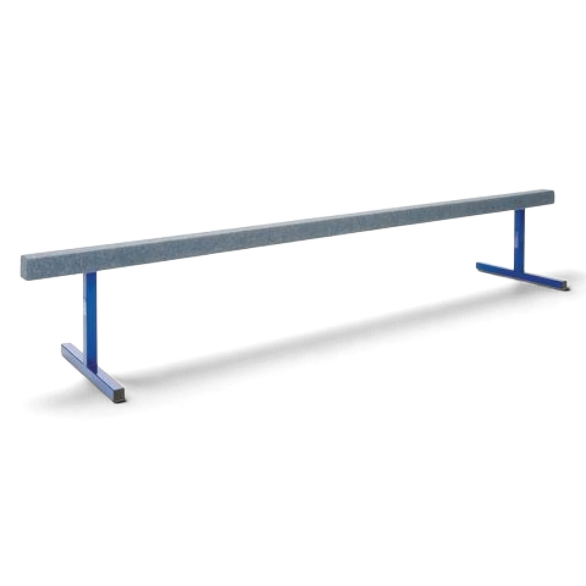 UK Gym Pits raised training beam with a grey carpeted surface and blue powder-coated steel legs for gymnastics.
