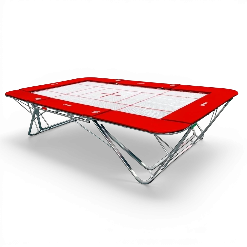 UK Gym Pits professional rebound trampoline with a white super-mesh bed and vibrant red protective frame pads.