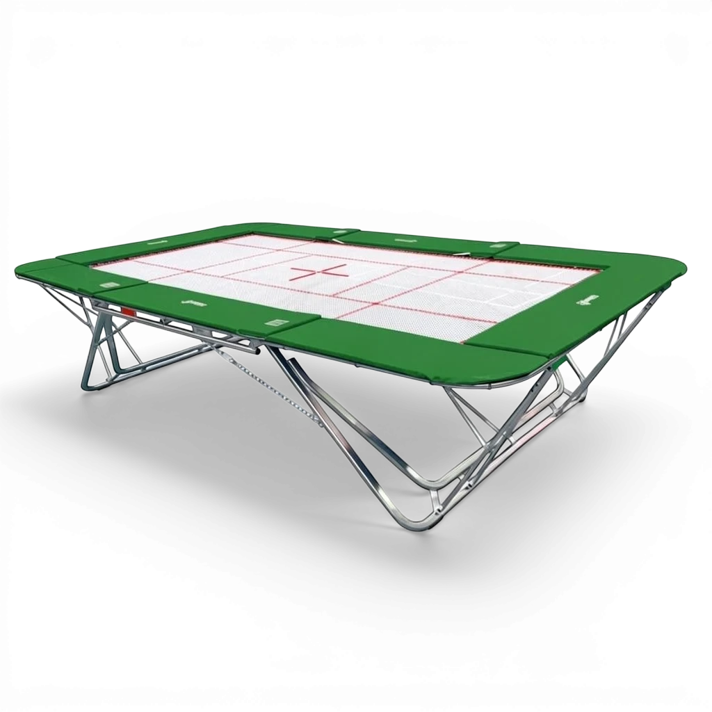 UK Gym Pits professional rebound trampoline with a white super-mesh bed and green protective frame pads