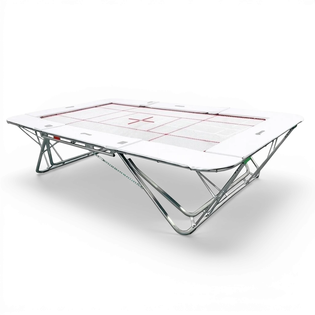 UK Gym Pits professional rebound trampoline with white super-mesh bed and protective frame pads on a steel frame