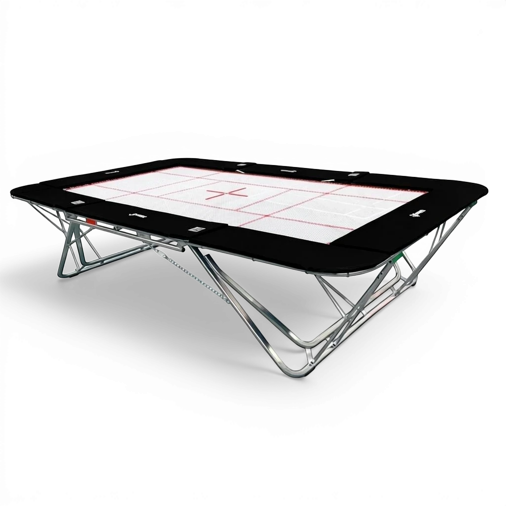 UK Gym Pits professional rebound trampoline with a white super-mesh bed and black protective frame pads.