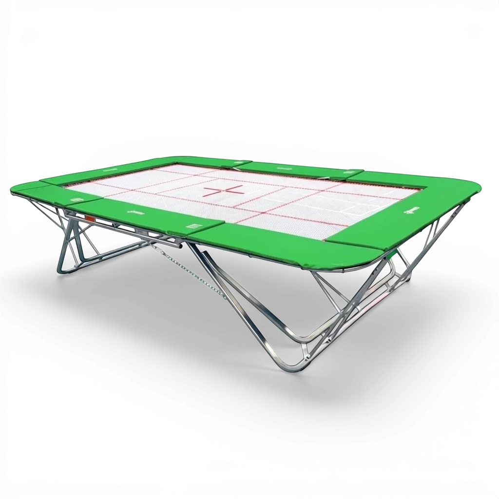 UK Gym Pits professional rebound trampoline with a white super-mesh bed and green protective frame pads