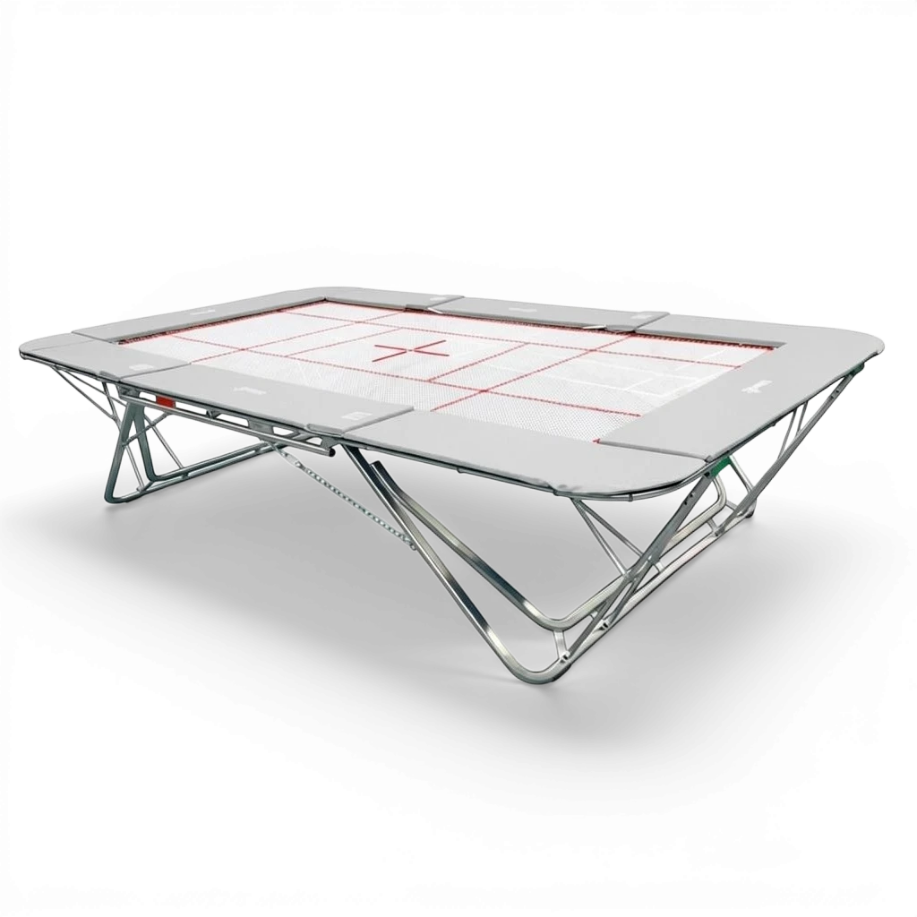 UK Gym Pits professional rebound trampoline with a white super-mesh bed and grey frame pads on a steel frame.