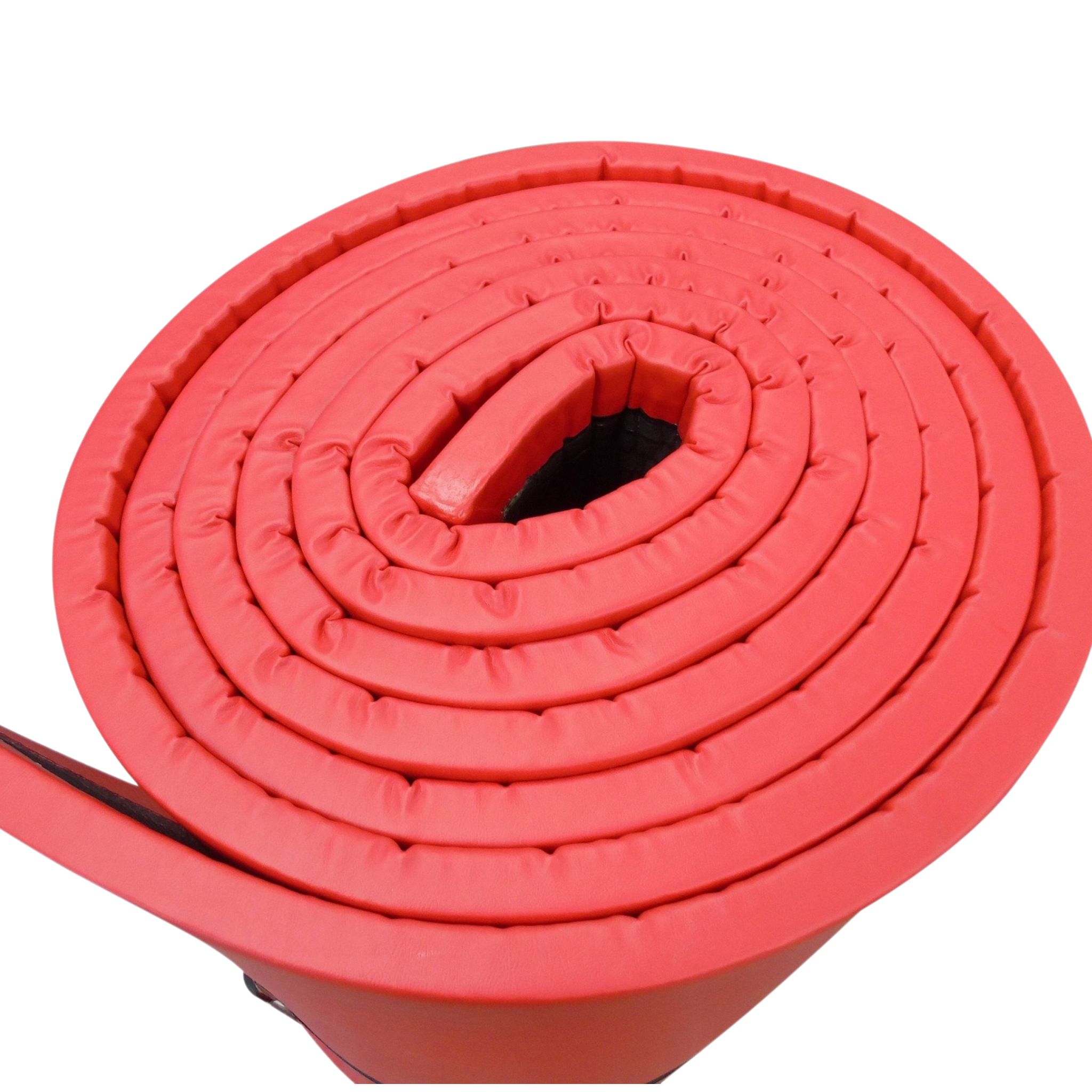 UK Gym Pits red chipfoam stretch mat rolled up for storage, featuring durable PVC fabric and anti-slip base.
