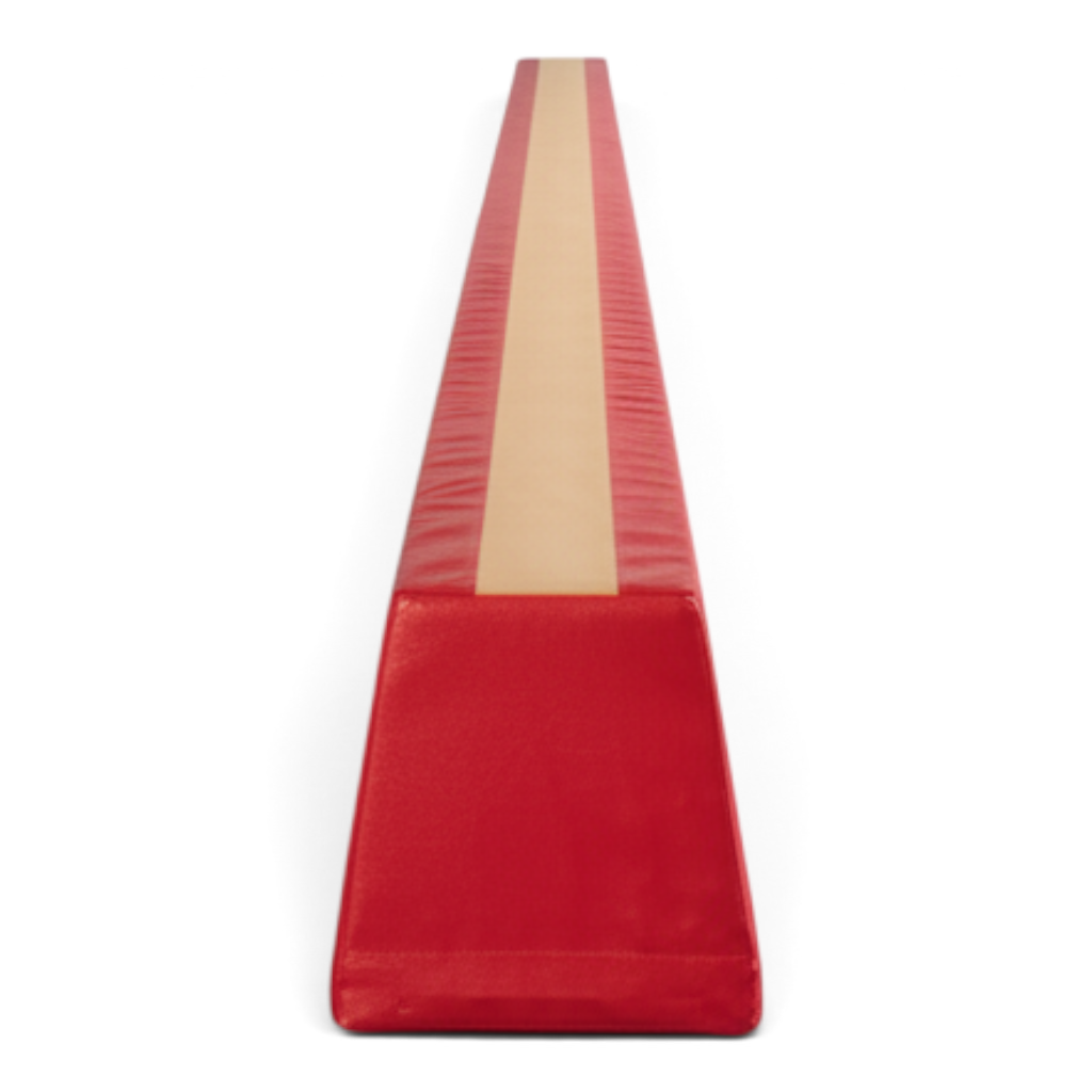 UK Gym Pits 4m foam gymnastics training beam in red with a beige non-slip top line for balance practice