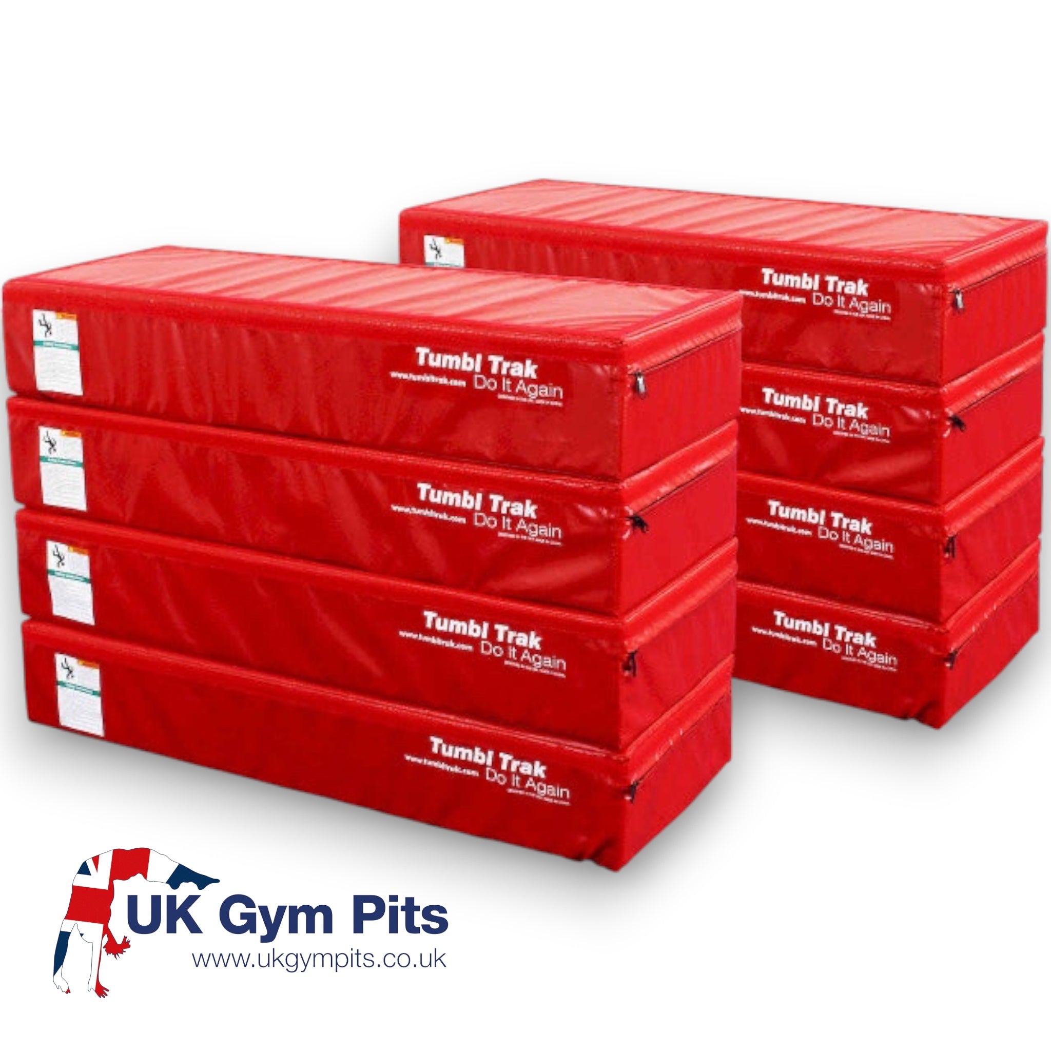 UK Gym Pits red vinyl booster blocks for gymnastics training stacked in two columns for versatile gym setups