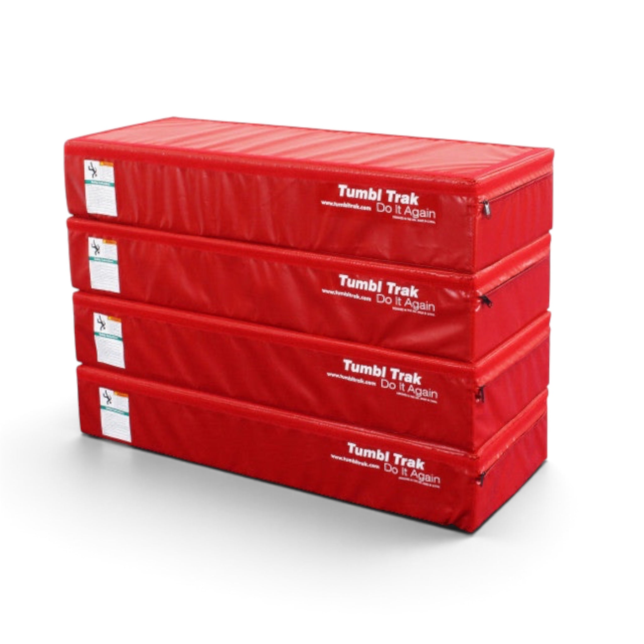 UK Gym Pits red vinyl booster blocks stacked for gymnastics training, featuring versatile Velcro connection points.