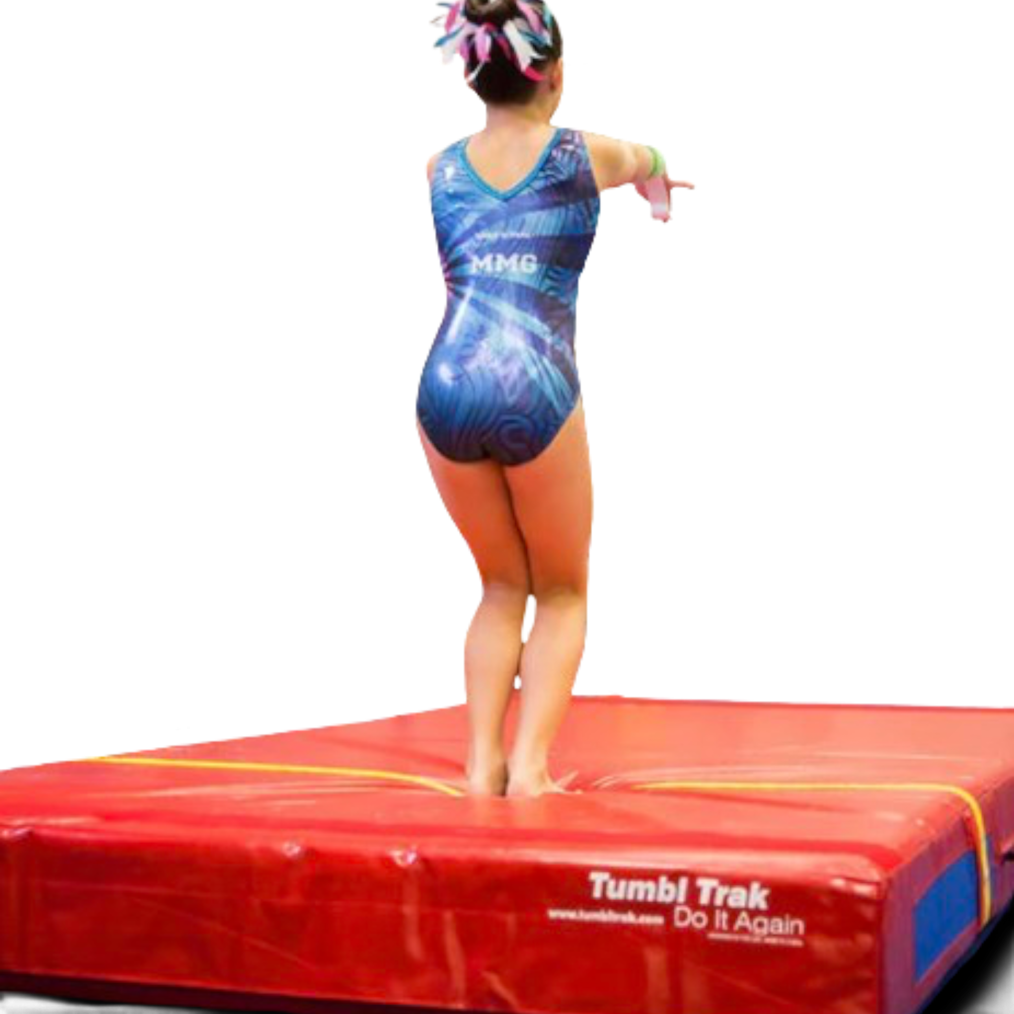 Young gymnast performing on a red UK Gym Pits practice mat with non-skid base and reinforced handles