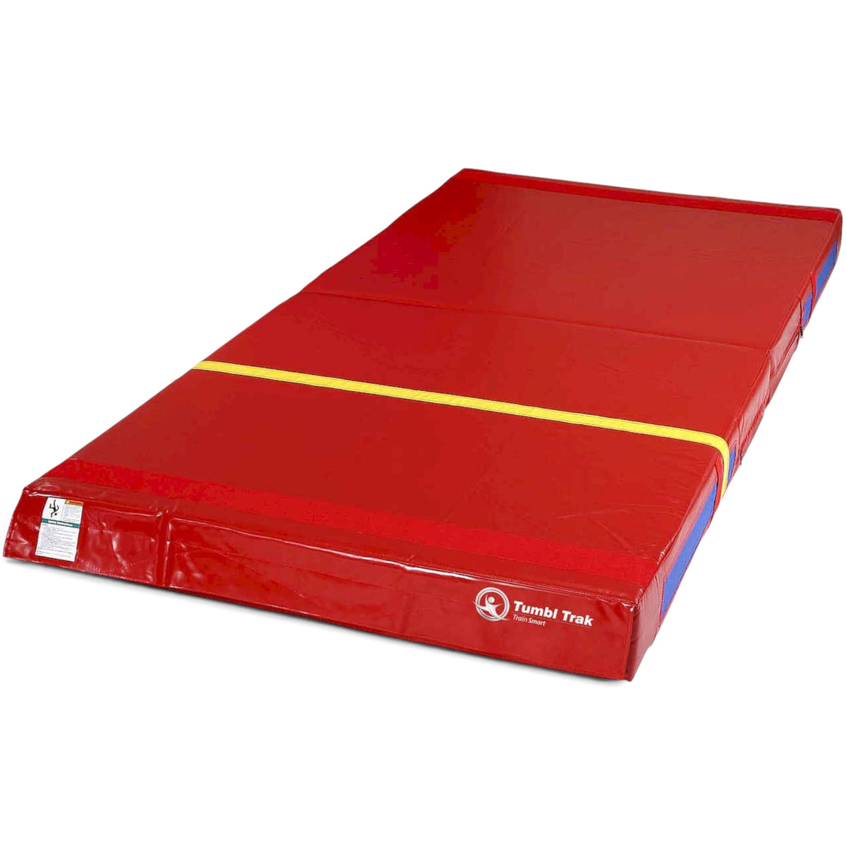 UK Gym Pits foldable red vinyl practice mat with yellow accent strip and Velcro fasteners for gymnastics training