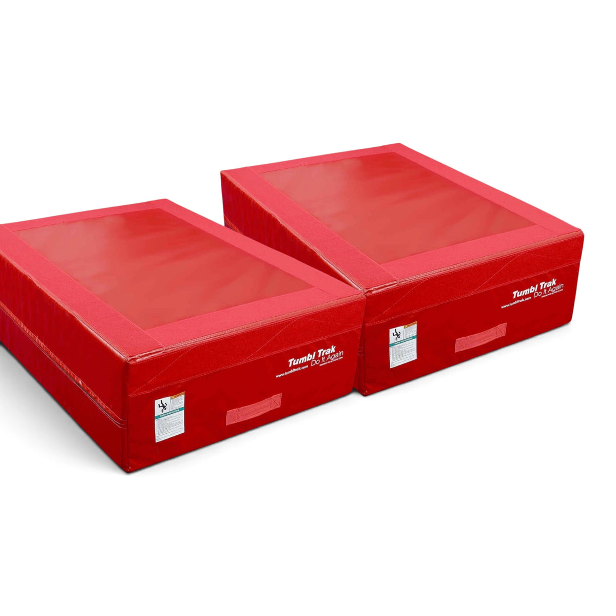 UK Gym Pits red gymnastics vault blocks with synthetic suede toppers and heavy-duty vinyl sides for training.