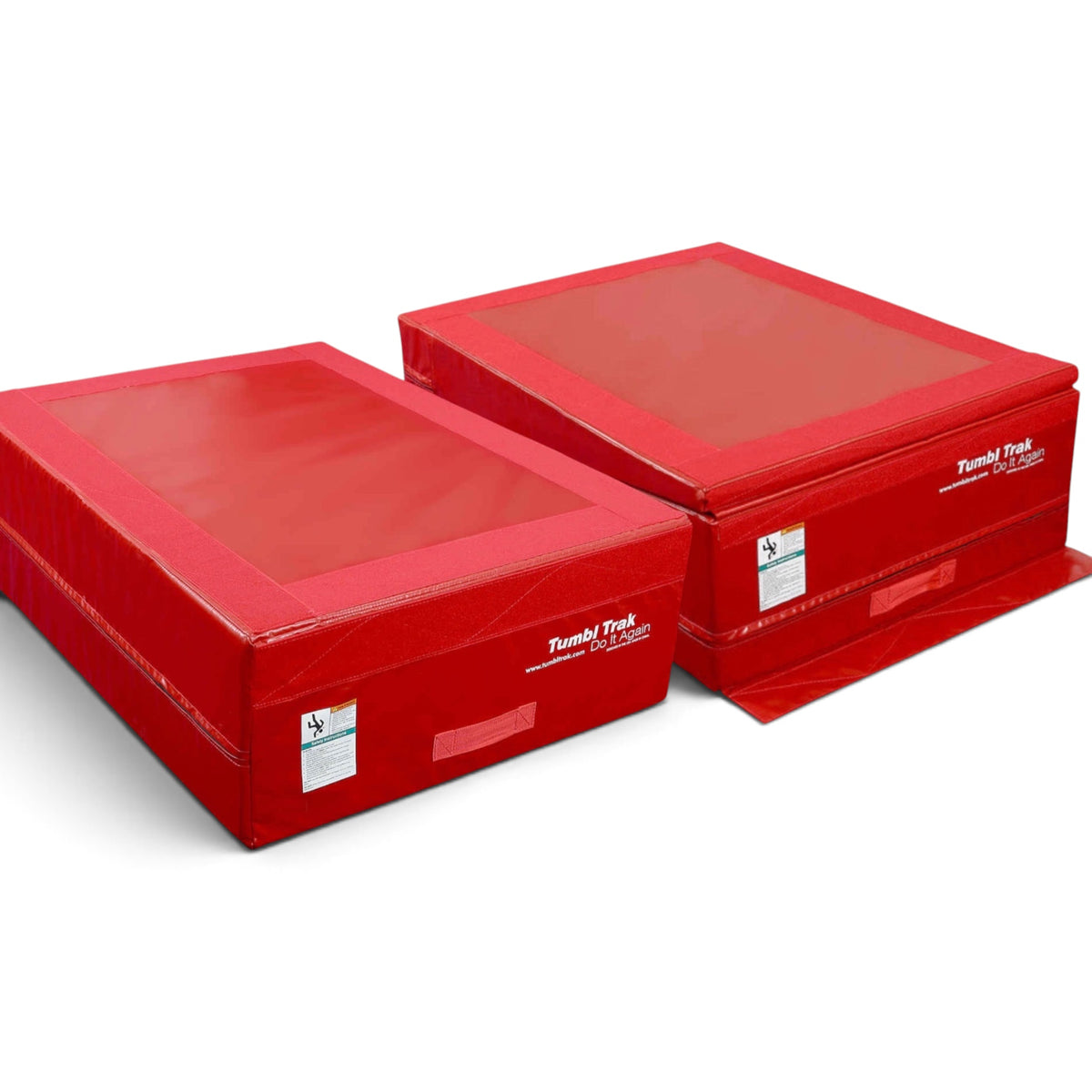 UK Gym Pits red gymnastics vault blocks with synthetic suede toppers and heavy-duty vinyl sides for training.