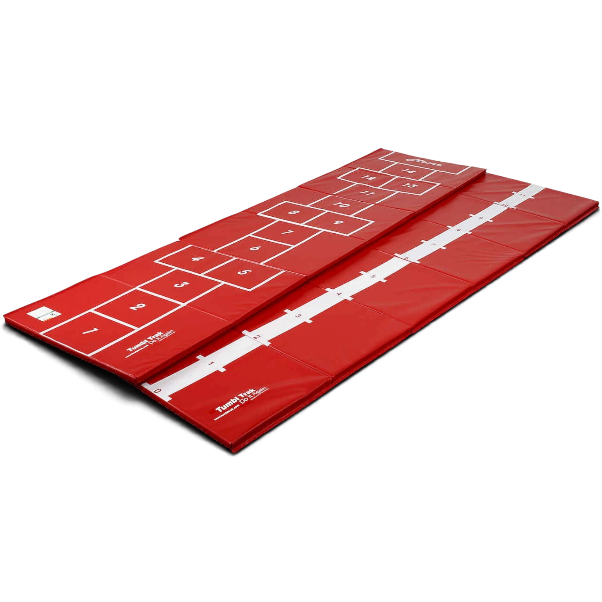 UK Gym Pits red hopscotch mat with a white balance beam line on the reverse side for gymnastics training
