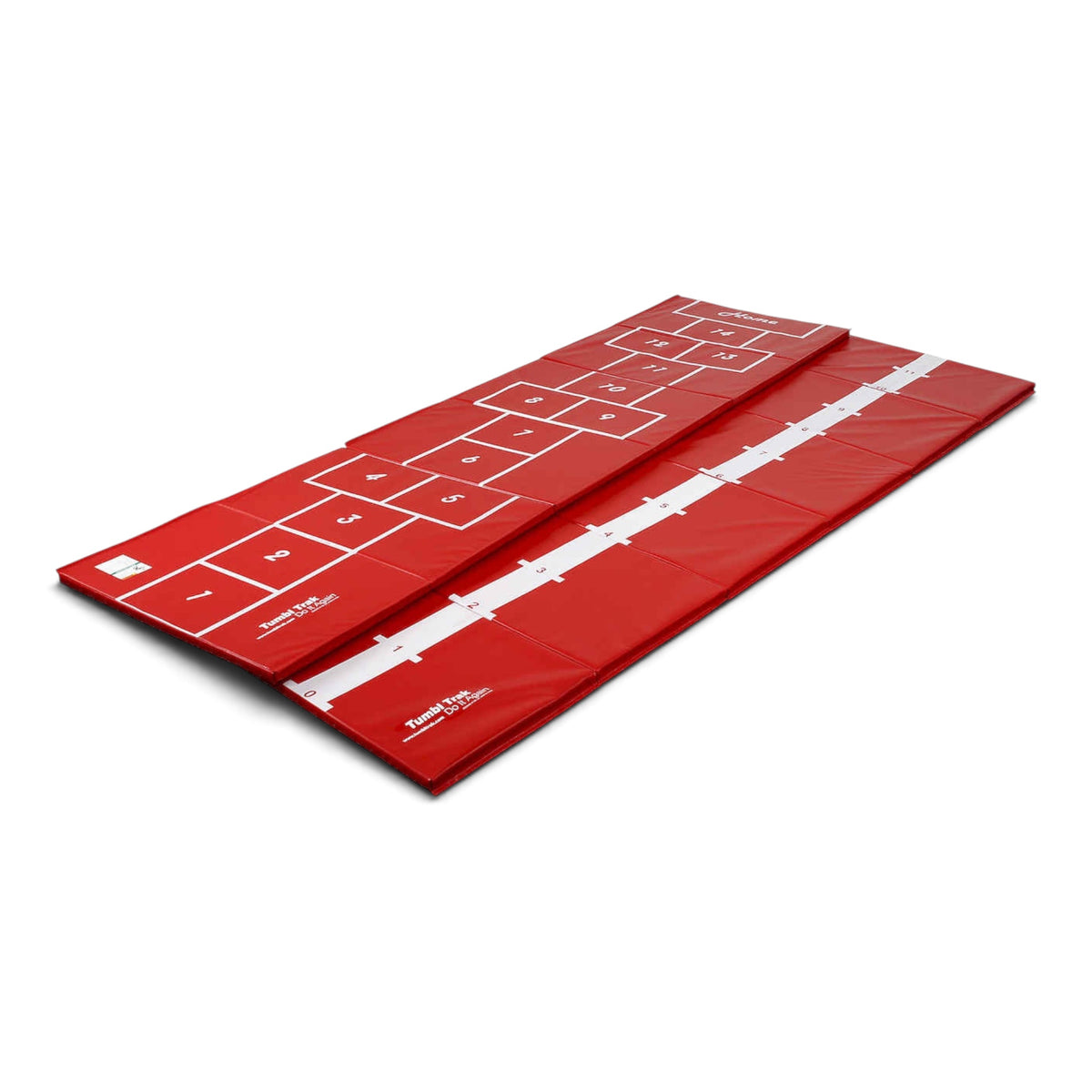 UK Gym Pits red foldable hopscotch tumbling mat with a beam practice stripe on the reverse side for preschool gymnasts