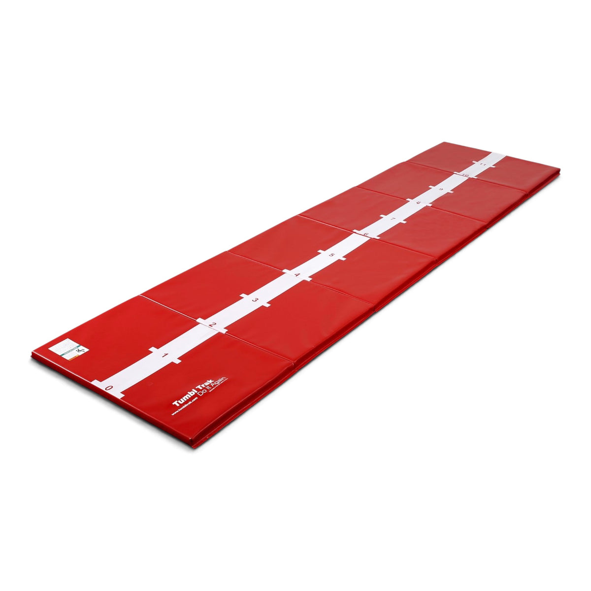 UK Gym Pits red folding hopscotch tumbling mat with white beam stripe and numbered sections for gymnastics practice.
