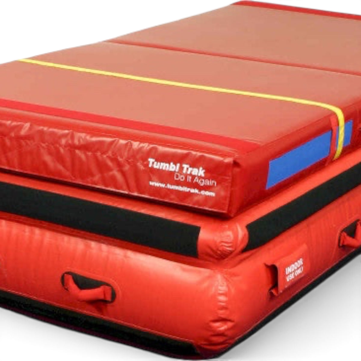 UK Gym Pits red inflatable air platform with yellow measurement line and side handles for gymnastics training