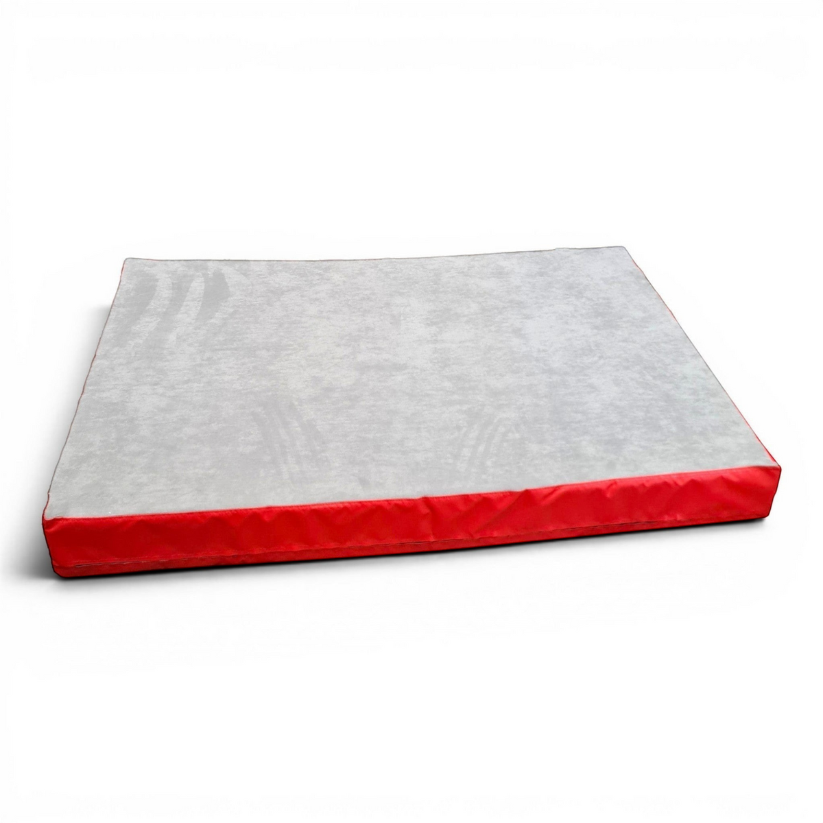 UK Gym Pits Splat Mat with a soft grey jersey fabric top and red PVC sides for gymnastics and martial arts.