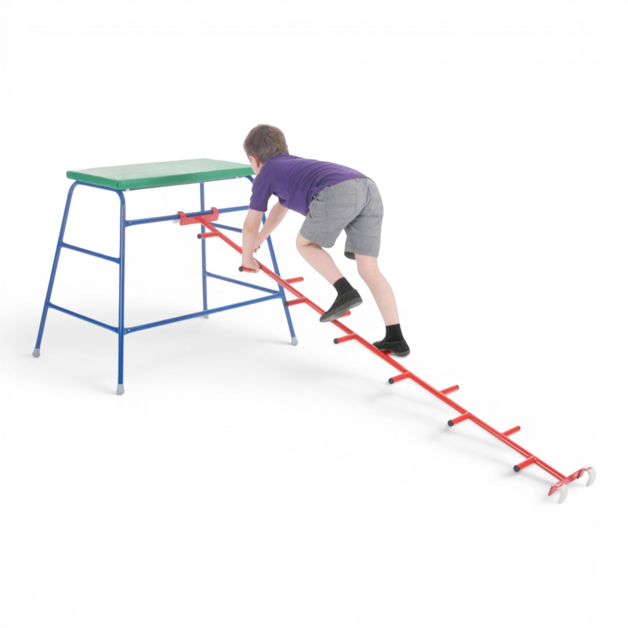 Child climbing a red UK Gym Pits metal cat ladder hooked onto a blue gym trestle for agility training.