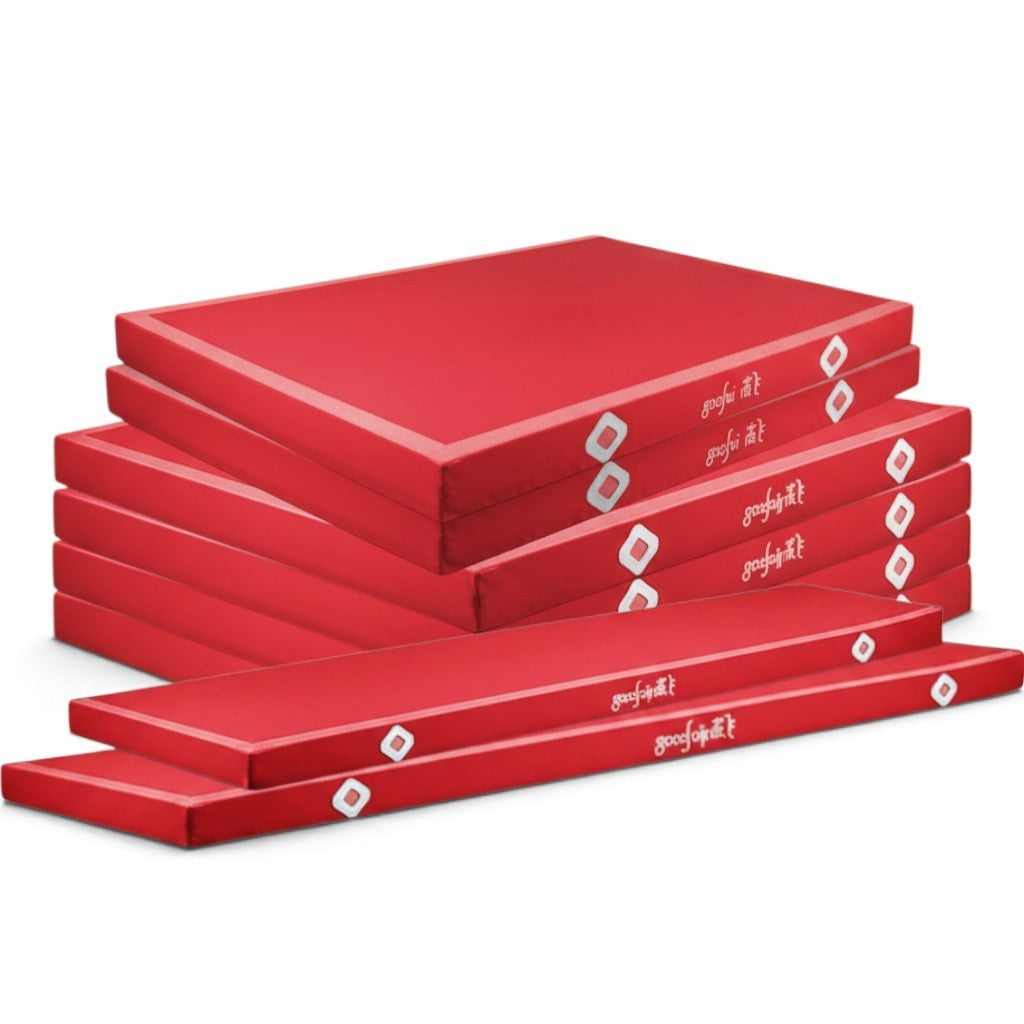 UK Gym Pits red parallel bars landing mats stacked, featuring durable PVC vinyl, non-slip base, and Velcro locking system.