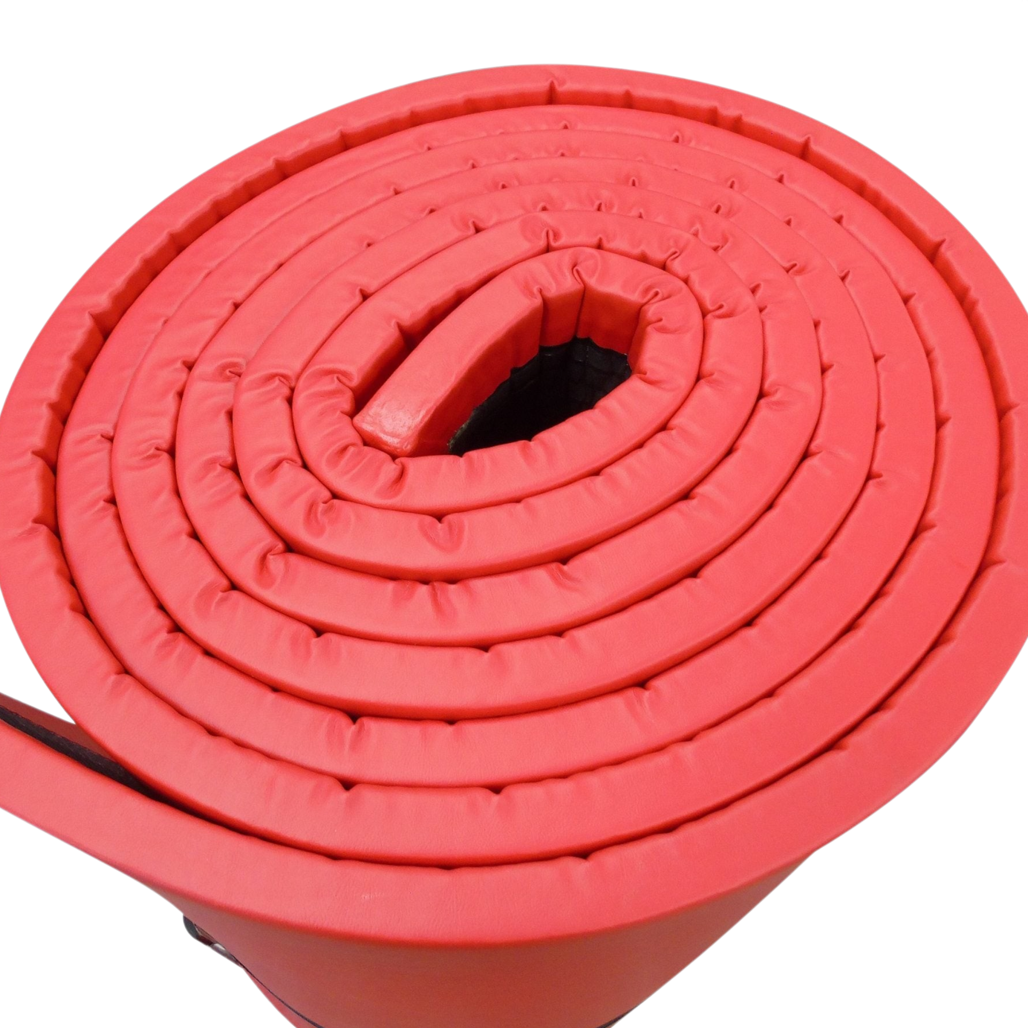 UK Gym Pits red medium-weight gymnastics mat rolled up, featuring durable PVC fabric and a high-density chip foam core.
